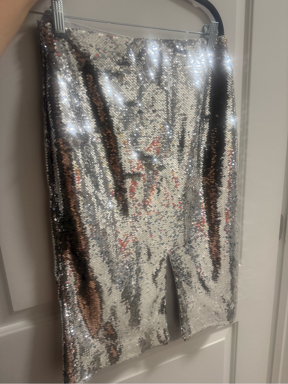 Ganni Silver Sequin Pencil Skirt with Front Slit